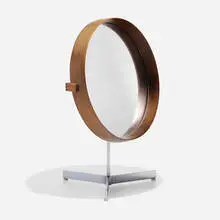 Table mirror by Uno and Osten Kristiansson, c. 1960, rosewood, mirrored glass, leather, chrome-plated steel, aluminum, sold Jul 2022