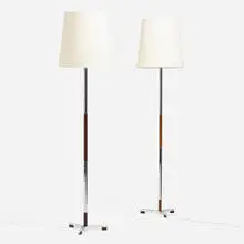 Floor lamps, pair by Jo Hammerborg, c. 1965, chrome-plated steel, rosewood, linen, sold Jul 2022