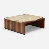 Coffee table by Forma, c. 1955, travertine, rosewood, enameled brass, sold Jul 2022