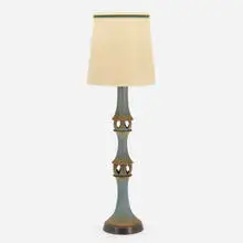 Floor lamp by Raul Coronel, 1968, glazed earthenware, lacquered wood, linen shade, maple, sold Jul 2022