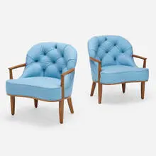 Janus lounge chairs model 5705, pair by Edward Wormley, 1957, leather, mahogany, sold Jul 2022