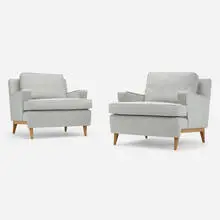 Directional lounge chairs, pair by Paul McCobb, c. 1950, upholstery, birch, sold Jul 2022