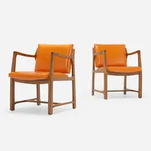 Armchairs model 5600, pair by Edward Wormley, c. 1950, walnut, vinyl, sold Jul 2022