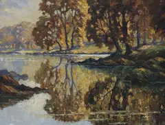 Autumn river landscape by Roland Ossary Dunlop, oil on board, sold Aug 2019