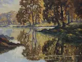 Autumn river landscape by Roland Ossary Dunlop, oil on board, sold Aug 2019
