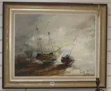 Fishing boats at low tide by Ben Maile, oil on canvas, sold Aug 2019