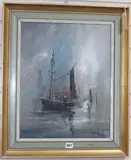 Fishing boat at sea by Ben Maile, oil on canvas, sold Aug 2019