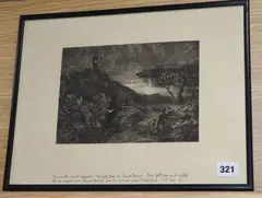 The Lonely Tower' after Macbeth Raeburn's renovation of plate, inscribed 'Print from the original copperplate 'The Lonely Tower' by Samuel Palmer by Samuel Palmer, print, sold Aug 2019