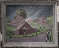 Stormy sky over a village by Adrian Maurice Daintrey, oil on canvas, sold Jul 2019