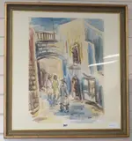 Street view of Jerusalem, with figures, circa 1950s, 56 x 40cm by David Gilboa, watercolour, offered Jul 2019