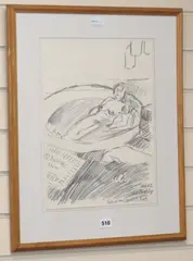 Patti in round Spanish Bath by John Bratby, pencil, sold Jul 2019