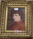 Head and shoulders portrait of a red-headed young woman wearing a red coat and scarf by Edward Penstone, watercolour, sold Jul 2019