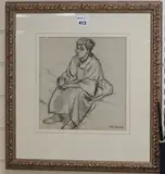 Study of a seated woman holding a glass, charcoal, 28cm x 26cm by John Melville, charcoal, sold Jul 2019