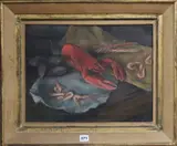Still life with lobster by Rodney Merrington, oil on canvas, sold Jul 2019