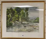 Kambadaga down stream with figures, CCA label verso, 44 x 57cm by Luke Piper, ink and watercolour, sold Jul 2019