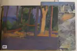 Hammock in the shade/Coastal landscape verso, studio sale label, 32 x 41cm unframed and a similar oil by Frank Griffith, oil on board, sold Jul 2019