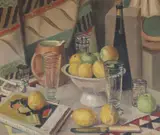 Still life of fruit and wine on a table by Ellen Warrington, oil on board, sold Jul 2019