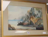 Fishermen beneath sea cliffs by Hazyl Craig Fowler, watercolour, sold Jun 2019