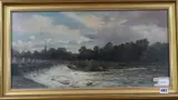 River scene with weir by J. H. Sampson, 1877, oil on canvas, sold Jun 2019