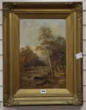 Autumnal scene with river and woods, monogrammed, label verso, label verso by S J Johnson, oil on canvas, offered Jun 2019