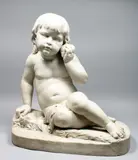 British, A Carved White Marble of a young child holding a shell to the ear by Edward George Papworth Jr., 1870, oil, offered Aug 2020