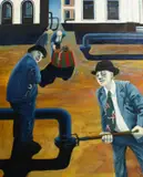 Surreal Composition with Suited Figures Standing by a Pipeline by Martin Vernon, Oil on Canvas, offered Aug 2020