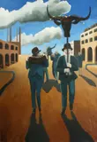 Surreal Composition with Suited Men and Women in a Street Procession by Martin Vernon, Oil on Canvas, offered Aug 2020