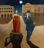 Surreal Composition with Two Figures in a Town Square at Moonlight by Martin Vernon, Oil on Canvas, sold Aug 2020