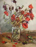 A Still Life of Red and Purple Flowers in a Glass Vase by Roger Collin, Oil on Card, sold Aug 2020