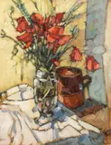 A Still Life of Mixed Flowers in a Square Glass Vase by Roger Collin, Oil on Card, sold Aug 2020