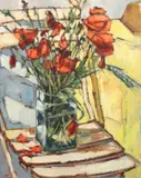 A Still Life of Red Flowers in a Glass Vase by Roger Collin, Oil on Card, sold Aug 2020