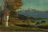 Farmer on a Horse and Cart Passing a Wayside Shrine, a Mountain Range Beyond by James Eddie, Oil on Canvas Laid Down, sold Aug 2020