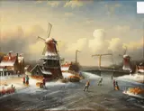Skating on a Frozen Waterway with Windmill Beyond by V. Horst, Oil on Panel, offered Aug 2020