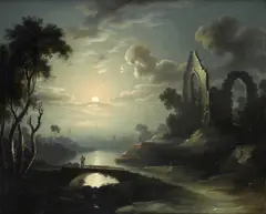Traveler in a moonlit riverscape by Sebastian Pether, oil on canvas, sold Oct 2012