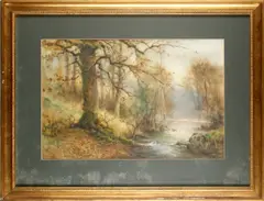 Oak tree in autumn; Birch Tree; Stream and Tree scene, a set of three by Thomas Tayler Ireland, watercolour heightened with white, offered Sep 2012
