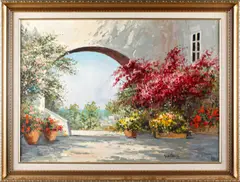 A Mediterranean terrace with veranda; and another work of a similar scene (a pair) by Guido Odierna, sold Sep 2012