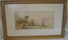 Figure on a bridge beside a river,signed, watercolour, 22 x 47cm, another 19th Century watercolour of figures resting on a path, 31 x 40cm and another (3) by E. St. John, sold Sep 2012