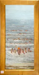 Beach scene by Geoffrey John Roper, circa 1976, oil on board, sold Sep 2012