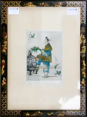 Parakeets by Elyse Ashe Lord, Etching with hand colour, sold Aug 2012