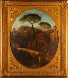 Grotto and village scenes by Italian School, oil on canvas, a pair (oval), sold Aug 2012