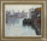 industrial river scene by Katharine Farrell, oil on canvas, offered Jan 2017