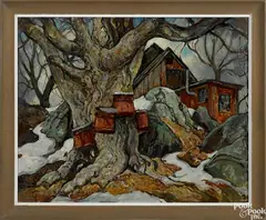 winter landscape with a farmhouse by William Lester Stevens, oil on board, sold Jan 2017