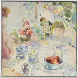 of a tea party by Laura Wilhelm, watercolor, offered Dec 2016