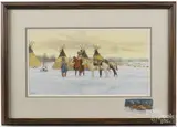 of Native American Indians in camp by Ron Stewart, watercolor on paper, offered Dec 2016