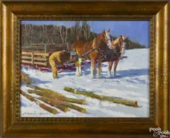 of a man and two horses by Anthony Watkins, oil on linen, offered Nov 2016