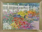 of flowers along a white picket fence by June Cary, oil on canvas, offered Nov 2016