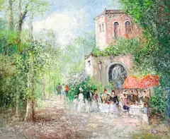 Leisurely Day at the Café by Willi Bauer, oil on canvas (unstretched), sold Oct 2022