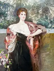 Woman Standing on Balcony by Lawrence, oil on canvas (unstretched), sold Oct 2022