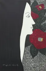 Profile of a Woman with Flowers by Kiyoshi Saitō, woodblock print on paper, sold Oct 2022