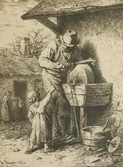 Knife Grinder by Charles Jacque, etching, sold Oct 2022